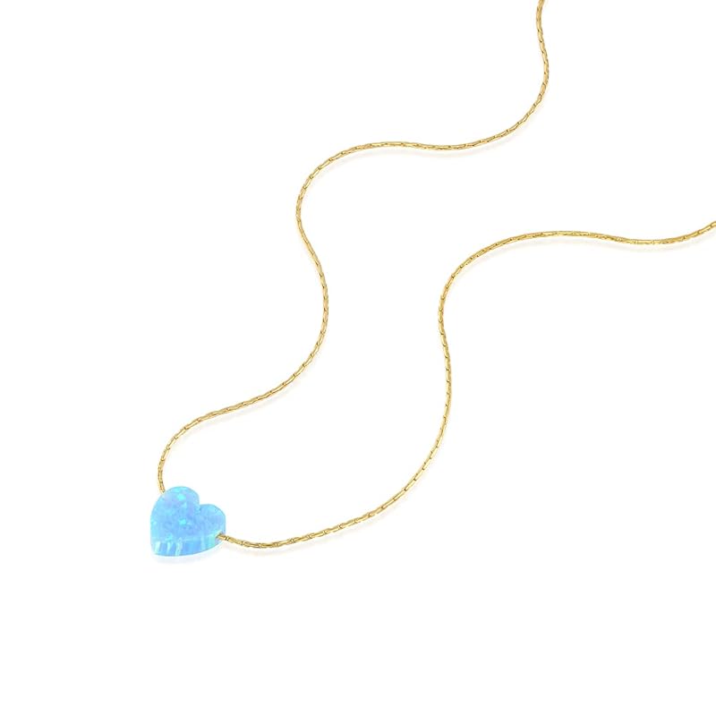 Blue Opal Heart on 14K Gold Filled Choker Necklace - Designer Handmade Thin Collar for Women - Length: 13.5 inch + 3 inch Extender (gold filled, blue)
