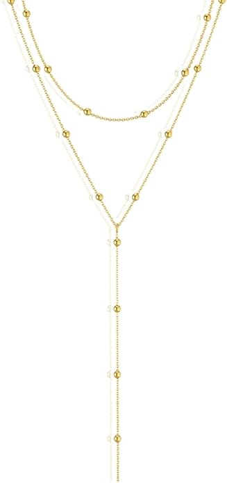 Gold Plated Long Necklace for Women, Layered Y-Shape Lariat Drop Pendant Chain with Beaded Accents, Adjustable Dainty Simple Trendy Jewelry Gift ﻿