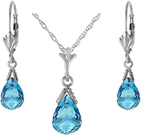 Galaxy Gold GG 14k Solid Gold Jewelry Set: Natural Briolette Blue Topaz Pendant Necklace and Dangle Earrings