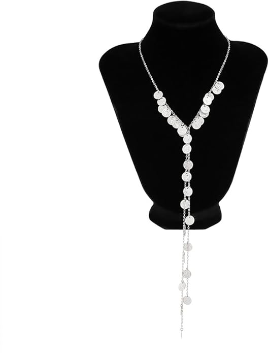 Chunky Long Tassel Gold Coin Choker Necklace for Women Statement Trendy Silver Beaded Disc Y Necklaces Stylish Party Prom Jewelry Costume Accessories