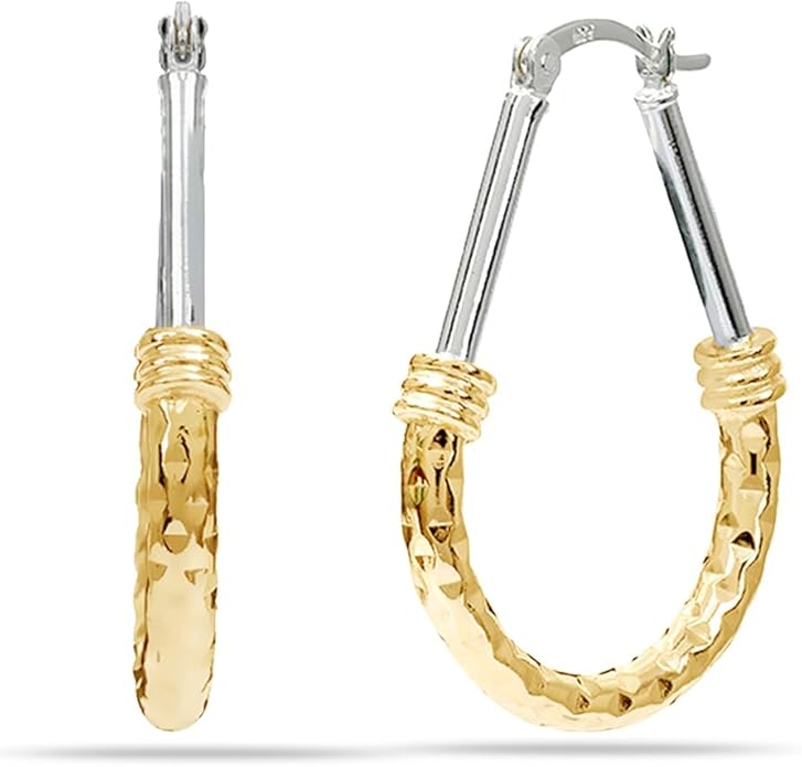LeCalla 925 Sterling Silver Hoop Earrings | Italian Design Classic Diamond-Cut Textured Earring Hoops | Women's Drop Shape Oval Hoop Earring Jewelry for Women