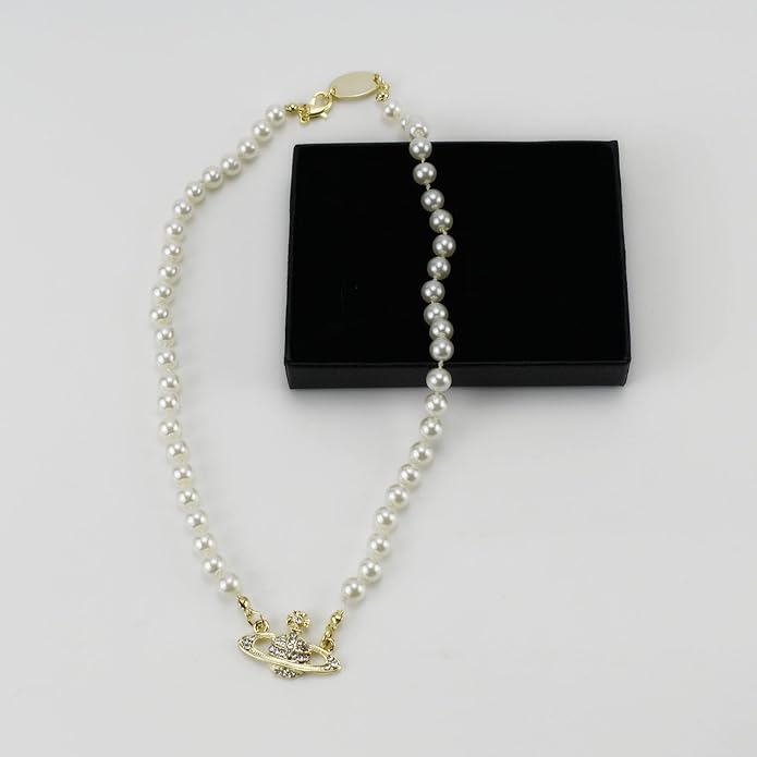 FENLDY Rhinestone Faux Planet Saturn Pearl Necklace for Women Jewelry, Fake Pearl Collar Pendant a Necklace Men with Charm for Girls Y2k Jewelry Ladies' Wedding Pearl Bead Chain Crystal Choker