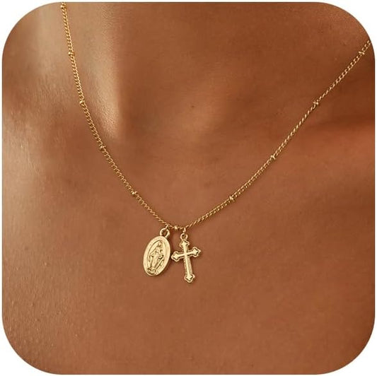 Cross Necklace for Women 14K Gold Silver Plated Dainty Small Cross Pendant Choker Simple Trendy Cute Cross Charm Chain Necklace Easter Basket Stuffers Baptism Religious Faith Jewelry Gift