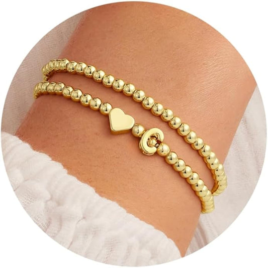 Ursteel Initial Heart Bracelet for Women - Dainty 14K Gold Plated Beaded Bracelets for Women Trendy Letter A-Z Heart Jewelry Personalized Gifts