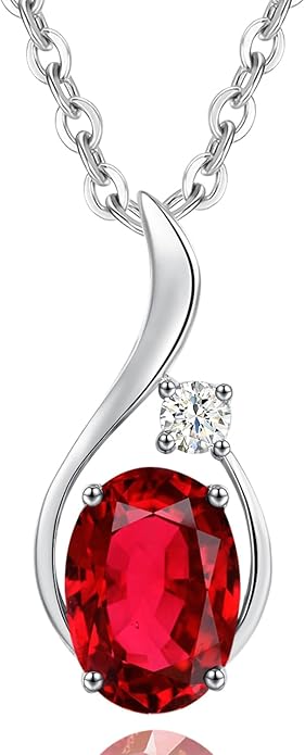 FANCIME 14K Solid White Gold Oval Gemstone Necklace with Diamond Pendant Gifts for Mom Women,16"+2" Inches