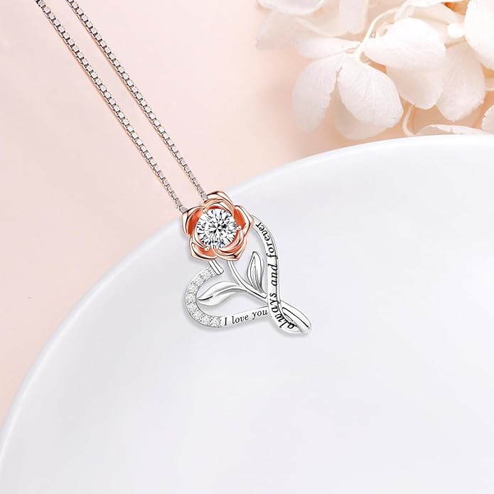 Heart Necklaces for Women Anniversary Birthday Valentine Gifts for Her Wife Girlfriend Gifts, I Love You Always And Forever Rose Flower Jewelry for Mom Daughter Sister Friend S925 Sterling Silver