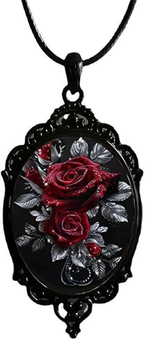 Gothic Rose Glass Necklace for Women Vintage Satan Demon Pendant Halloween Roses Necklaces Dark Punk Style Necklace Victoria Emboss Necklaces Mystic Witch Jewelry Gift Accessories