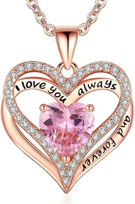 Birthstone Heart Necklace for Women Wife Girlfriend Mom Daughter Gifts S925 Silver Jewelry For Anniversary Rose Gold Gifts For Birthday Christmas Mothers Valentines Day