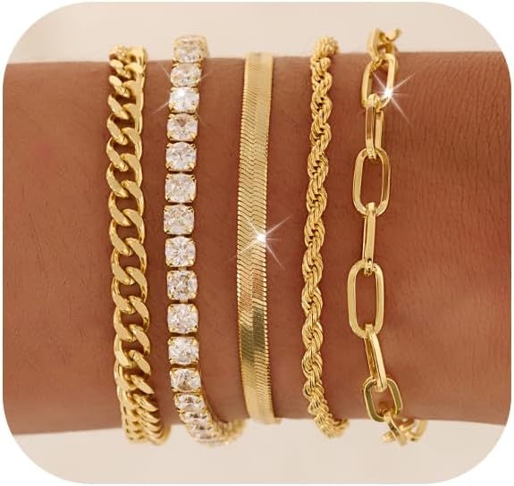 Gold Bracelets for Women 14K Gold Plated Stack Trend Bracelets Charm Paperclip Chain Cuban Link Layered Waterproof Bracelet Dainty Bracelet for Women Jewelry Gifts