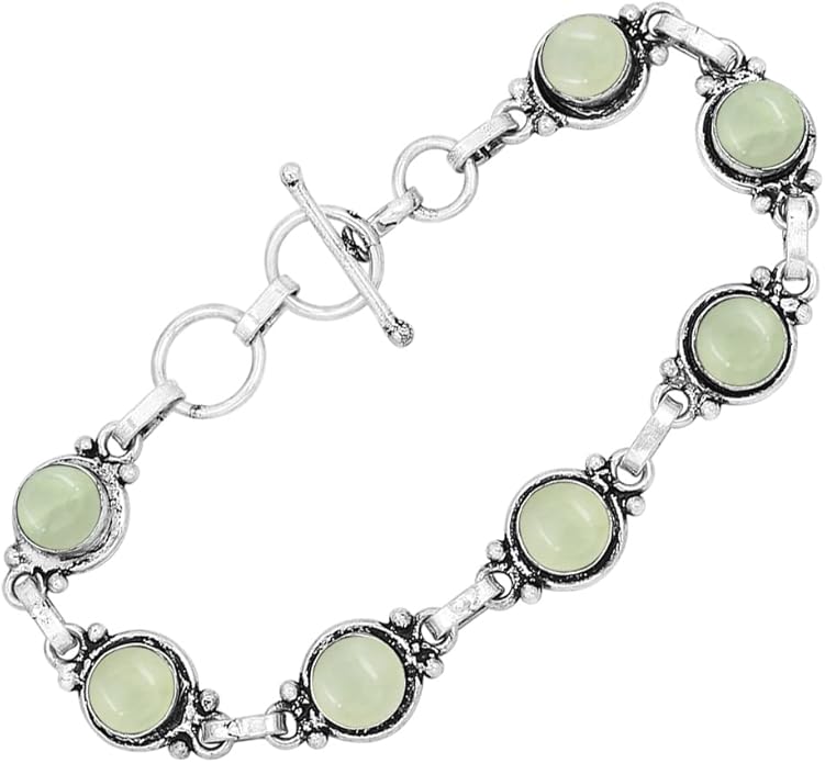 Round Shape Natural & Synthetic Gemstones Silver Plated Bracelets for Women - Vintage Bohemian Style Handmade Birthstone Adjustable Link Bracelet Jewelry Gifts for Wedding Anniversary Mother's Day