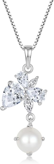 Fahonie Freshwater Pearl Pendant Necklace for Women 925 Sterling Silver Birthstone Necklace Birthday Anniversary Christmas Fine Jewelry Gifts for Women Chain 18"+2" Extend