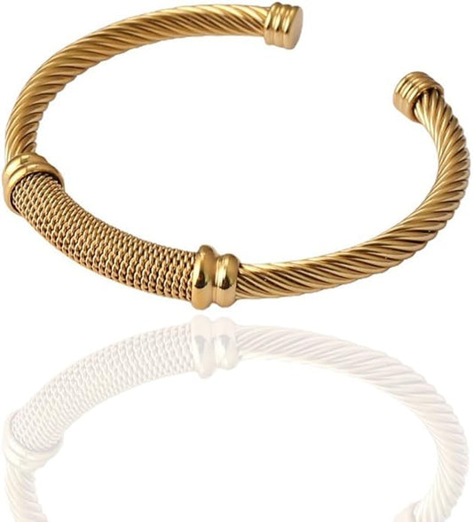 Twisted Cable Bangle Bracelet for Women Gold Plated Lightweight Adjustable Open Cuff Vintage Chunky Jewelry Gift for Her Mom Sister Birthday Christmas