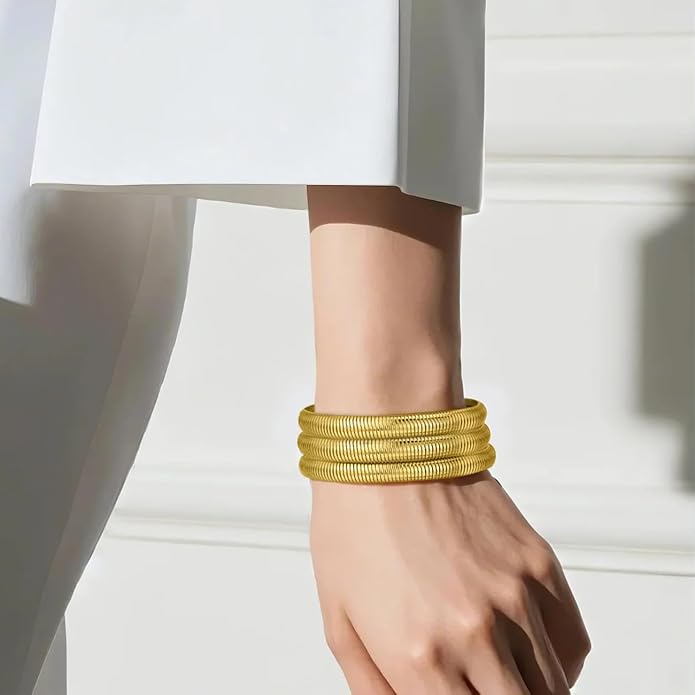 Emibele Gold Bangles Bracelet Set for Women, 18K Gold Plated Chunky Stainless Steel Non Tarnish Stretch Bracelet Stack, Flexible Wide Wristband Bangle Layered Snake Chain Bracelets