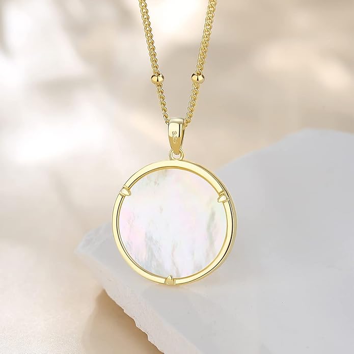 AGVANA Valentines Day Gifts Sterling Silver Birth Flower Necklace for Women Genuine Mother of Pearl CZ Round Disc Pendant Necklace Fine Jewelry Anniversary Birthday Gifts for Women Wife Mom Her