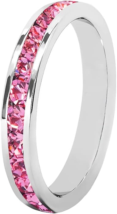 Muses Art Design Birthstone Eternity Band Ring (Channel Set/Full Round), Stackable Fashion Ring with Crystal Birthstone