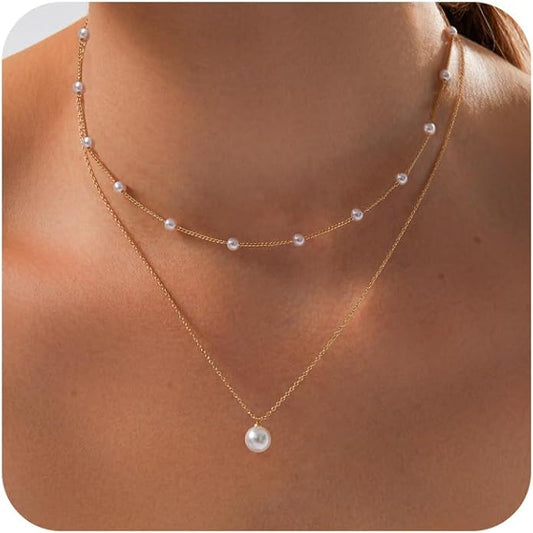 Gold Jewelry Set for Women - Dainty 14K Gold/Silver Plated Pearl Choker Necklace, Drop Earrings & Bracelets - Wedding Trendy Pearl Jewelry Gift