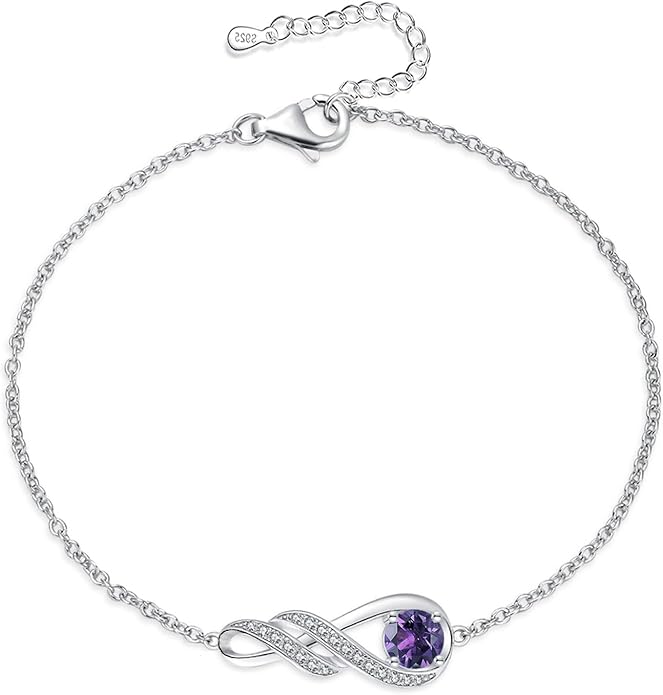 Birthstone Bracelets for Women 925 Sterling Silver Created Gemstone Bracelet Infinity Pendant Jewelry for Her, 6.7"+1.2"