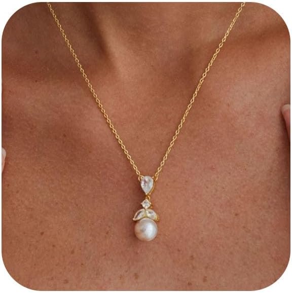 Pearl Necklace for Women Trendy,14k Gold Plated Necklace Dainty Wedding Necklace Small Cute Choker Necklace Beaded Lariat Drop Necklace Vintage Waterproof Jewelry for Women Gold Jewelry Fashion Gifts