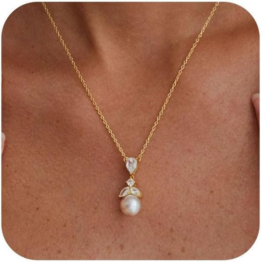 Pearl Necklace for Women Trendy,14k Gold Plated Necklace Dainty Wedding Necklace Small Cute Choker Necklace Beaded Lariat Drop Necklace Vintage Waterproof Jewelry for Women Gold Jewelry Fashion Gifts