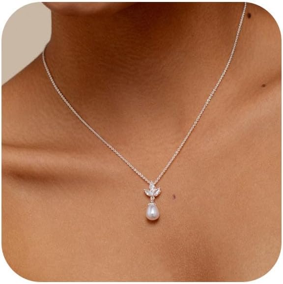 Pearl Necklace for Women Trendy,14k Gold Plated Necklace Dainty Wedding Necklace Small Cute Choker Necklace Beaded Lariat Drop Necklace Vintage Waterproof Jewelry for Women Gold Jewelry Fashion Gifts