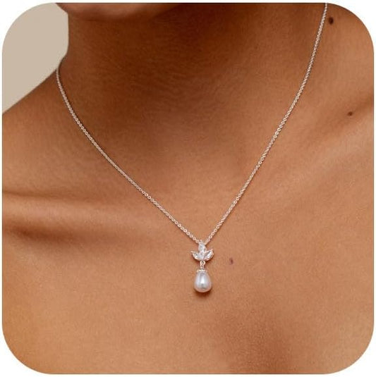 Pearl Necklace for Women Trendy,14k Gold Plated Necklace Dainty Wedding Necklace Small Cute Choker Necklace Beaded Lariat Drop Necklace Vintage Waterproof Jewelry for Women Gold Jewelry Fashion Gifts