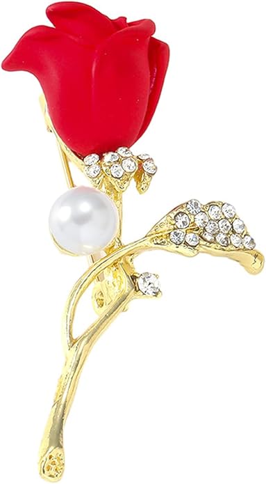 QLUYCKW Rose Flower Brooch Pin for Women Fashion Dainty Gold Plated 3D Red Roses Floral Crystal Brooch Pin Birthday Dress Suit Accessories Jewelry