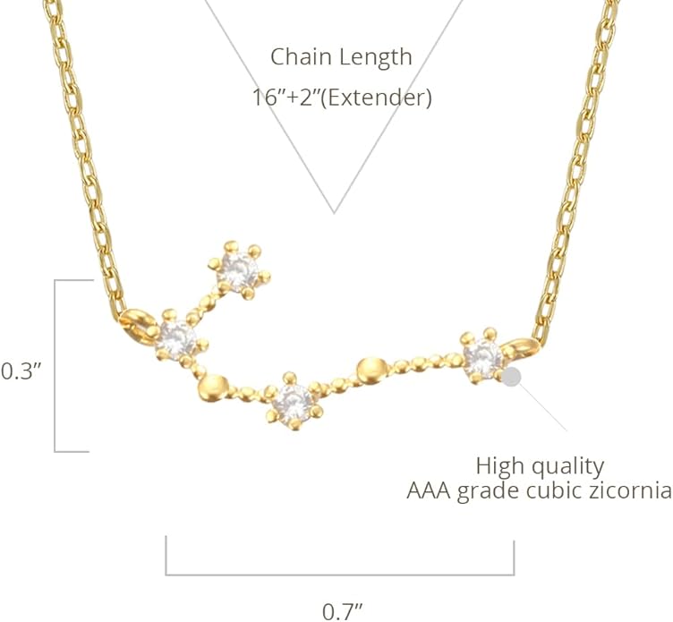 Zodiac 18K Gold Plated CZ Necklace With Message Card, Yellow Gold Color, Anchor Chain, Best Gift Necklace, Size 16 inch + 2 inch Extender, Pendant, Constellation, Gift Card