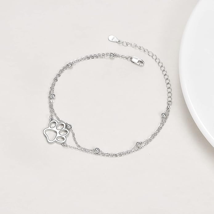 ONEFINITY Paw Print Anklet 925 Sterling Silver Pet Dog Cat Paw Layered Ankle Bracelet Pet Jewelry Gifts for Women