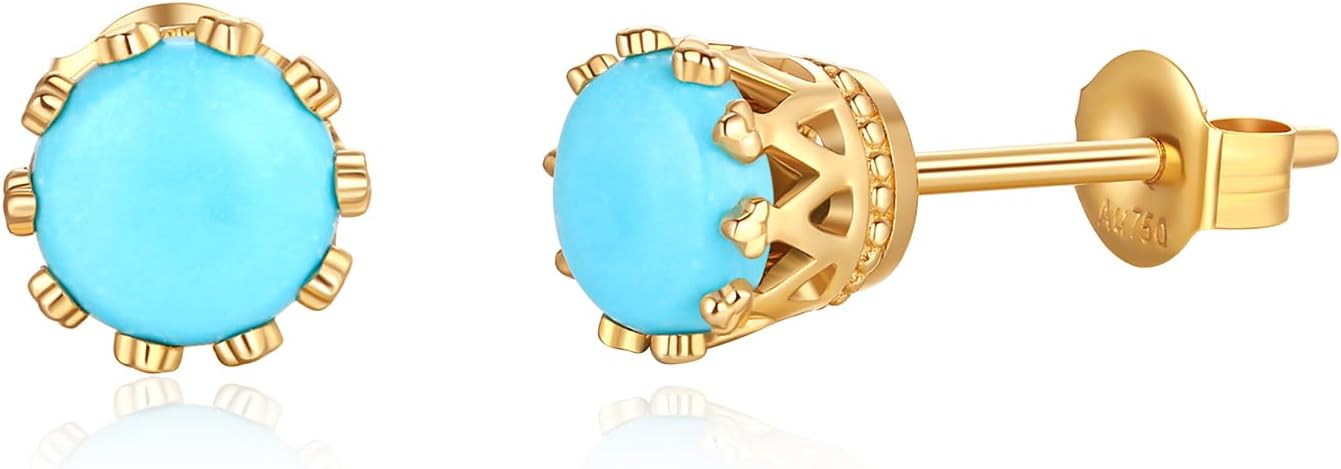 FANCIME 14K Real Solid Yellow Gold Genuine Gemstone Earrings Small Natural Turquoise Birthstone Earrings Hypoallergenic Bezel Setting Fine Jewelry for Women