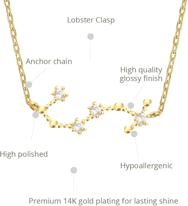 Zodiac 18K Gold Plated CZ Necklace With Message Card, Yellow Gold Color, Anchor Chain, Best Gift Necklace, Size 16 inch + 2 inch Extender, Pendant, Constellation, Gift Card