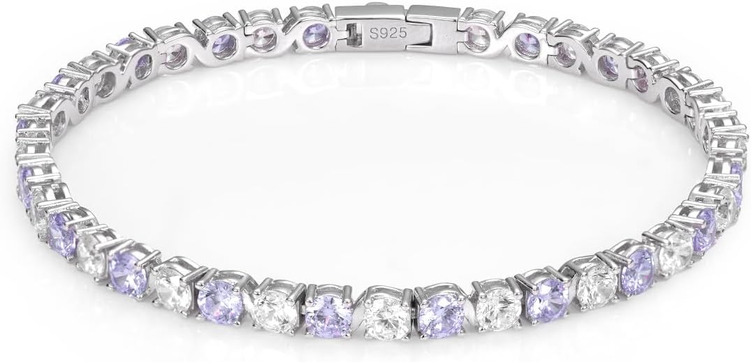 18K White Gold Plated Birthstone Tennis Bracelet for Women, Hypoallergenic 925 Sterling Silver with 5A Cubic Zirconia, Dainty Jewelry Anniversary Birthday Gifts for Her