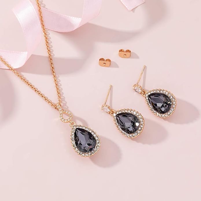 Austrian Crystals Teardrop Pendant Necklace Earrings for Women 14K Gold Plated Hypoallergenic Jewelry Set