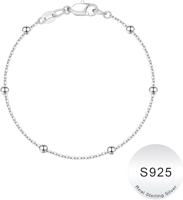 IEFWELL S925 Sterling Silver Bracelet for Women - Solid 14K-Real-Gold-Plated Satellite Bead Chain Bracelet, 6.5/7/7.5/8/8.5/9 Inches Sterling Silver Chain Bracelets, Jewelry Gifts for Women