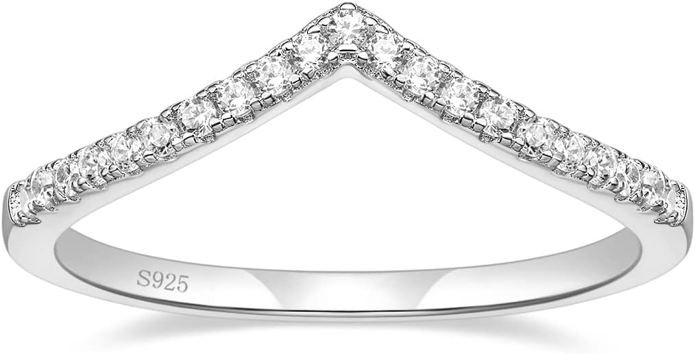 Arvaleff 925 Sterling Silver Rings for Women Ladies Wedding Band V Shaped Heatbeat Pattern Cubic Zirconia Engagement Eternity Ring Thin Stackable Comfort Fit Size 4-12
