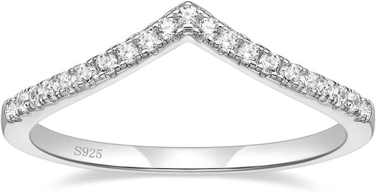 Arvaleff 925 Sterling Silver Rings for Women Ladies Wedding Band V Shaped Heatbeat Pattern Cubic Zirconia Engagement Eternity Ring Thin Stackable Comfort Fit Size 4-12