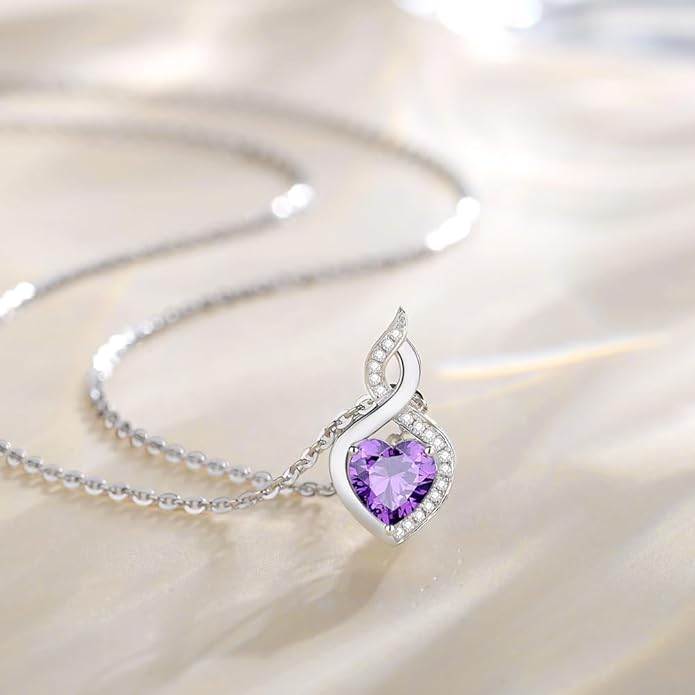 FANCIME 14K Solid White Gold Heart Birthstone Necklace with Diamond Pendent Birthday Gifts for Mom Women, Sterling Silver Chain 16" + 2" Extender