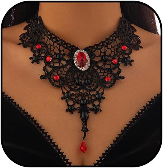 Black Lace Choker Necklace for Women Gothic Crystal Necklace Goth Collar Choker Necklaces Vintage Victorian Necklaces Halloween Costume Accessories