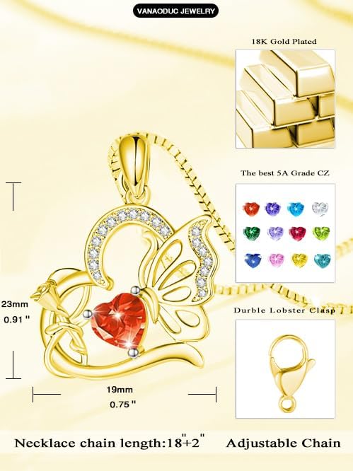 Birthstone Heart butterfly Necklace for Women, Infinity Pendant 14K Gold /18K White Gold Womens Necklaces, Jewelry Anniversary Birthday Christmas Gifts for Her Mom Wife﻿
