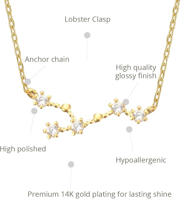 Zodiac 18K Gold Plated CZ Necklace With Message Card, Yellow Gold Color, Anchor Chain, Best Gift Necklace, Size 16 inch + 2 inch Extender, Pendant, Constellation, Gift Card