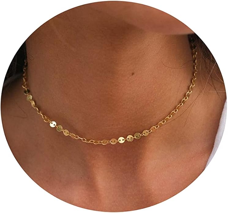 Dainty Chain Necklace for Women, 18K Gold Plated Coin Disc Choker Necklaces Simple Satellite Beaded Twisted Thin Paper Clip Chain Everyday Jewelry Gifts