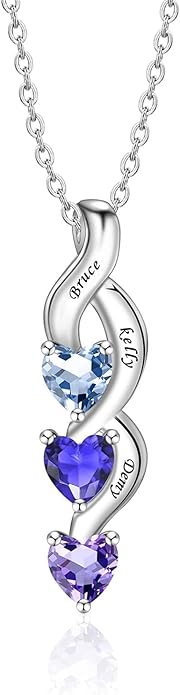 MissNaNa Sterling Silver Personalized Mothers Necklace with Simulated Birthstones Engraved 1-6 Children Names Custom Love Heart Pendant Family Necklace for Women Mother's Day Birthday