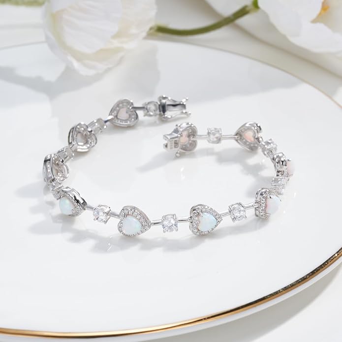 Sterling Silver Tennis Bracelets for Women Opal Gemstone October Birthstone Fine Jewelry Charm Link for Her 7 Inches