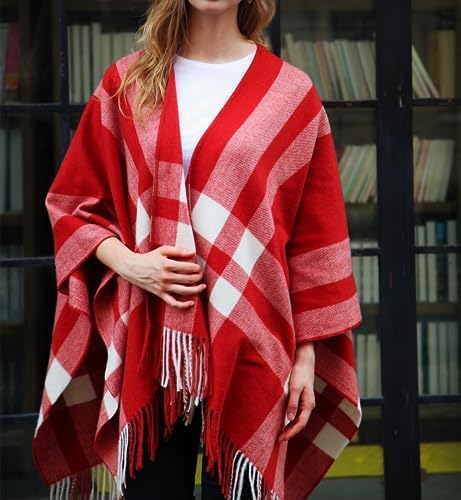 Moss Rose Women's Travel Plaid Shawl Wrap Open Front Poncho Cape for Fall Winter