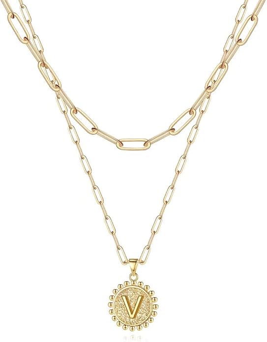 Ursteel Layered Initial Necklaces for Women, 14K-Gold-Plated Dainty Layering Paperclip Chain Necklaces for Women Jewelry