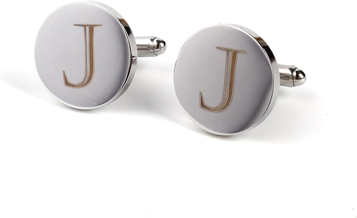 Mens Initial Silver Cufflinks A-Z Alphabet Letter Steel Cuff Links with Engraved Walnut Wood Box Groom Groomsman Wedding Set…