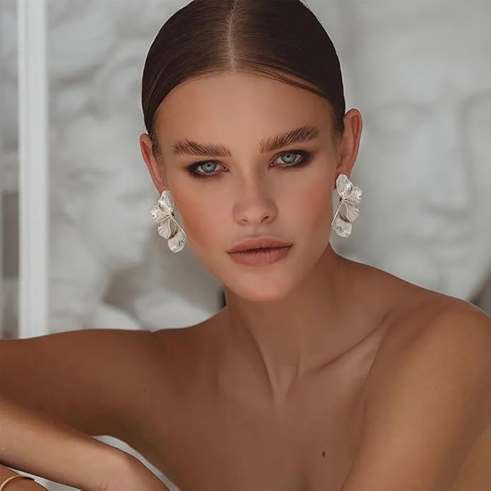 Chunky Gold Statement Earrings For Women Gold Plated Sectored Flower Leaf Shell Angel Wing Earrings Large Stud Earrings Hypoallergenic Earrings