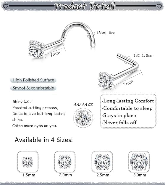 Nose Rings Studs: 8Pcs 20G Gold/Silver 316L Surgical Stainless Steel Nose Studs Hypoallergenic Corkscrew Nose Piercing Stud Jewelry for Women Men Clear Cubic Zirconia Imitation Diamond Top Size 1.5mm 2mm 2.5mm 3mm