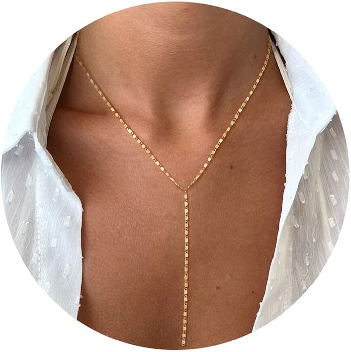 Foxgirl Lariat Gold Necklace for Women, Dainty Long Necklace 14k Gold Plated/Silver Y-Shaped Pendant Necklace Trendy Layered Cz Beaded Chain Drop Necklaces Simple Gold Jewelry For Women Gift