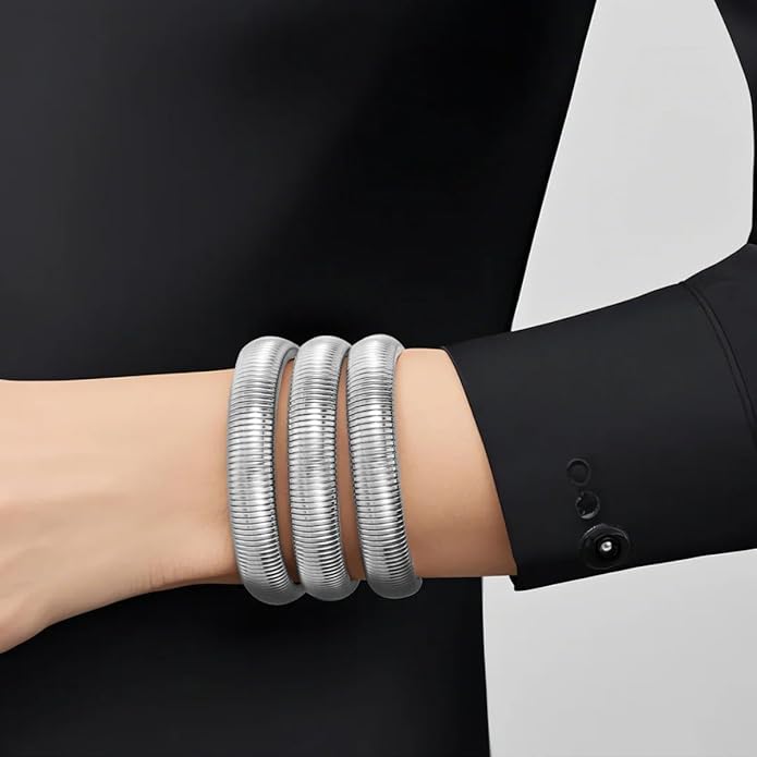 Emibele Gold Bangles Bracelet Set for Women, 18K Gold Plated Chunky Stainless Steel Non Tarnish Stretch Bracelet Stack, Flexible Wide Wristband Bangle Layered Snake Chain Bracelets