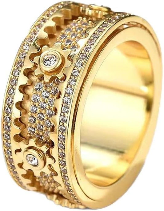 BEIBEINOYA Men's Spinner Ring for Anxiety - 14K Gold Plated Rotating Gear Ring with Moissanite, Kinetic Mechanical Jewelry, Stress Relief Fidget Ring for Men, Unique Gifts for Him